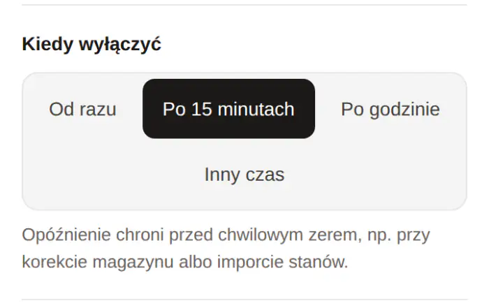 Ustawienia automatu: opóźnienie „Po 15 minutach”
