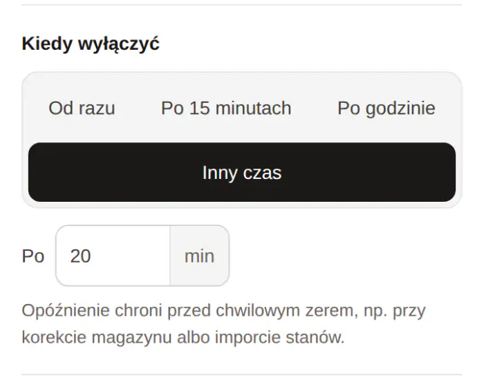 Ustawienia automatu: opóźnienie „Inny czas” z wpisanymi 20 minutami