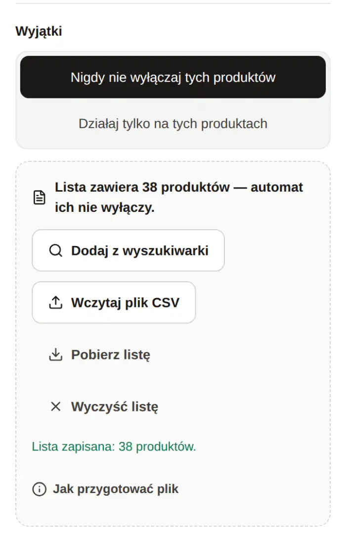 Ustawienia automatu: lista 38 produktów, wybór „Nigdy nie wyłączaj tych produktów”