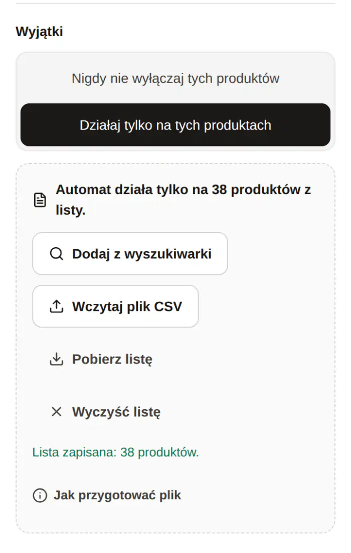 Ustawienia automatu: lista 38 produktów, wybór „Działaj tylko na tych produktach”