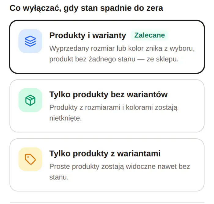 Ustawienia automatu: zaznaczony wybór „Produkty i warianty”, polecany