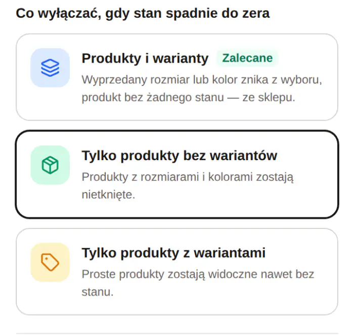 Ustawienia automatu: zaznaczony wybór „Tylko produkty bez wariantów”