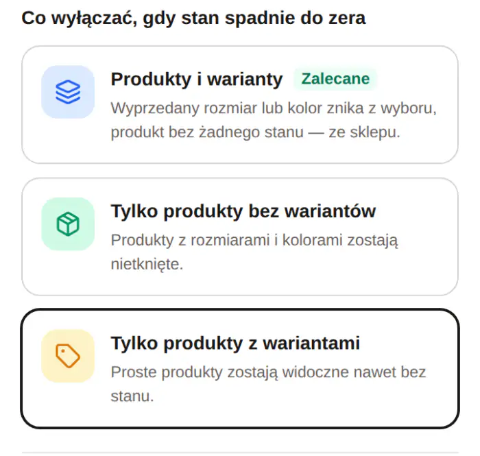 Ustawienia automatu: zaznaczony wybór „Tylko produkty z wariantami”