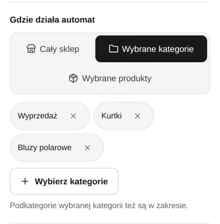 Ustawienia automatu: zakres „Wybrane kategorie” z trzema wybranymi kategoriami