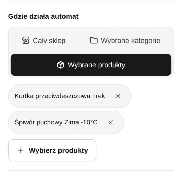 Ustawienia automatu: zakres „Wybrane produkty” z dwoma wybranymi produktami