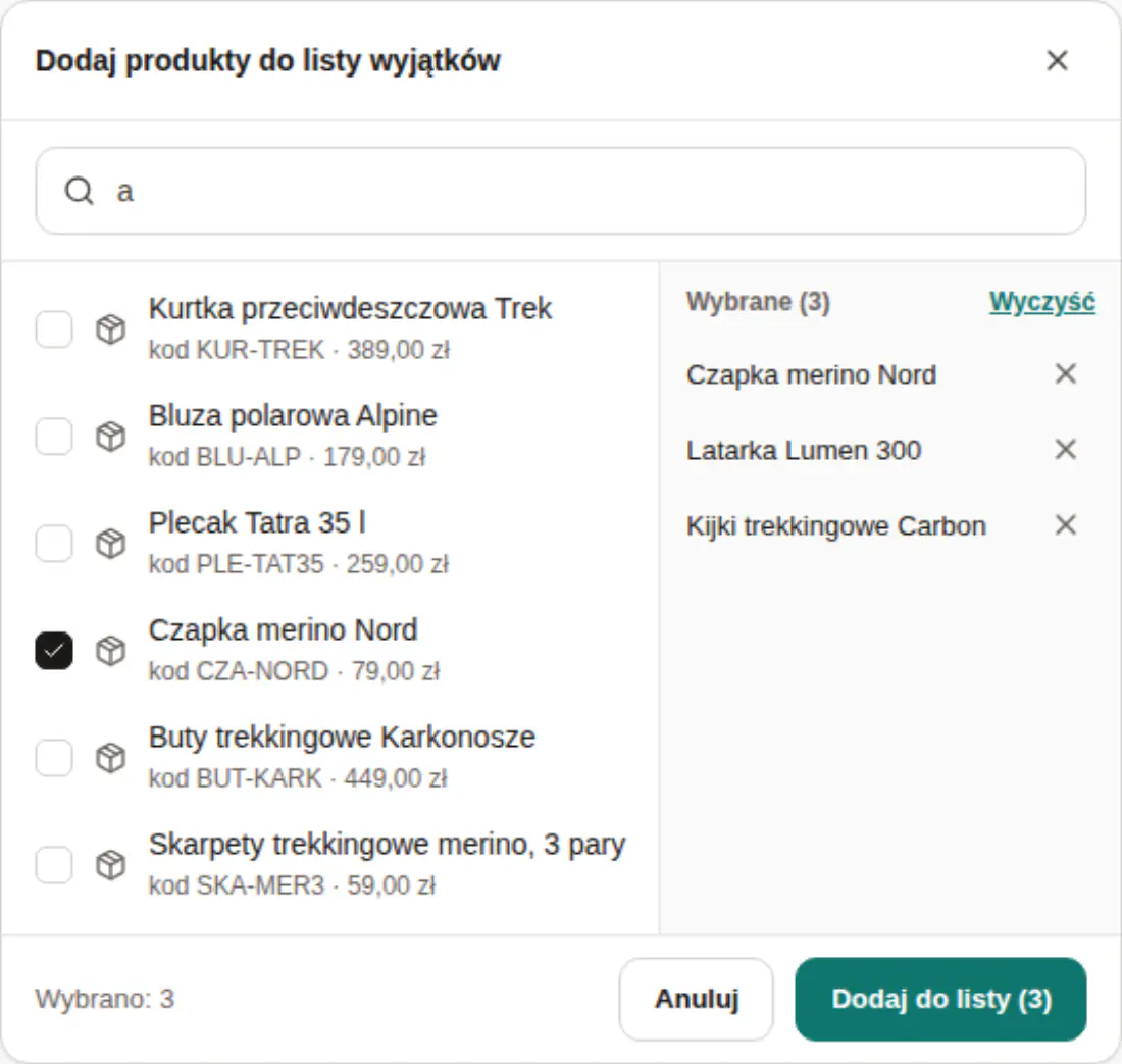 Panel: wyszukiwarka produktów z trzema zaznaczonymi pozycjami