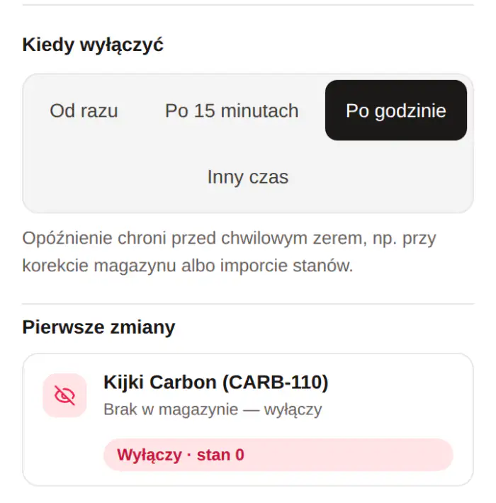 Panel: opóźnienie „Po godzinie” i wynik symulacji z jednym produktem do wyłączenia (kijki Carbon)
