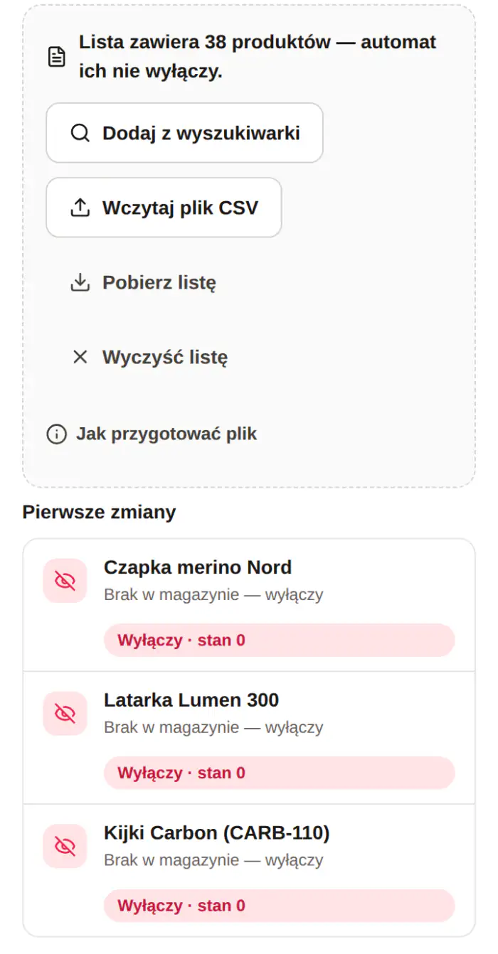 Panel: lista wyjątków z 38 produktami i wynik symulacji z trzema produktami do wyłączenia (czapka, latarka, kijki)