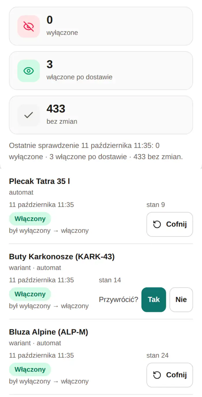Panel: licznik trzech włączeń po dostawie i dziennik zmian z pytaniem „Przywrócić?” przy butach Karkonosze