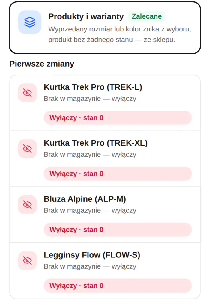 Panel: wybór „Produkty i warianty” i wynik symulacji z czterema wariantami do wyłączenia (kurtka w rozmiarach L i XL, bluza M, legginsy S)